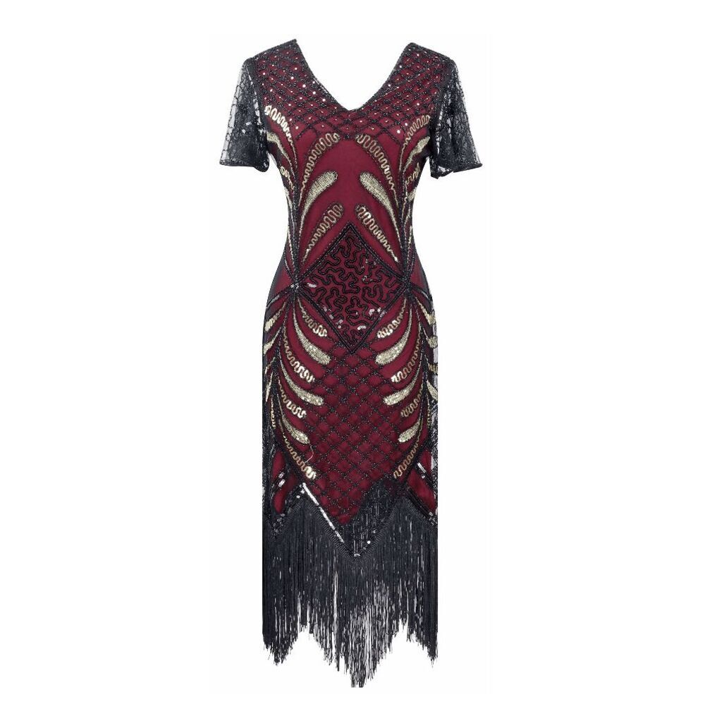❤️✨ NWT Flapper Great Gatsby 1920s Retro Tassel Fringe Sequin Midi Red Dress XL